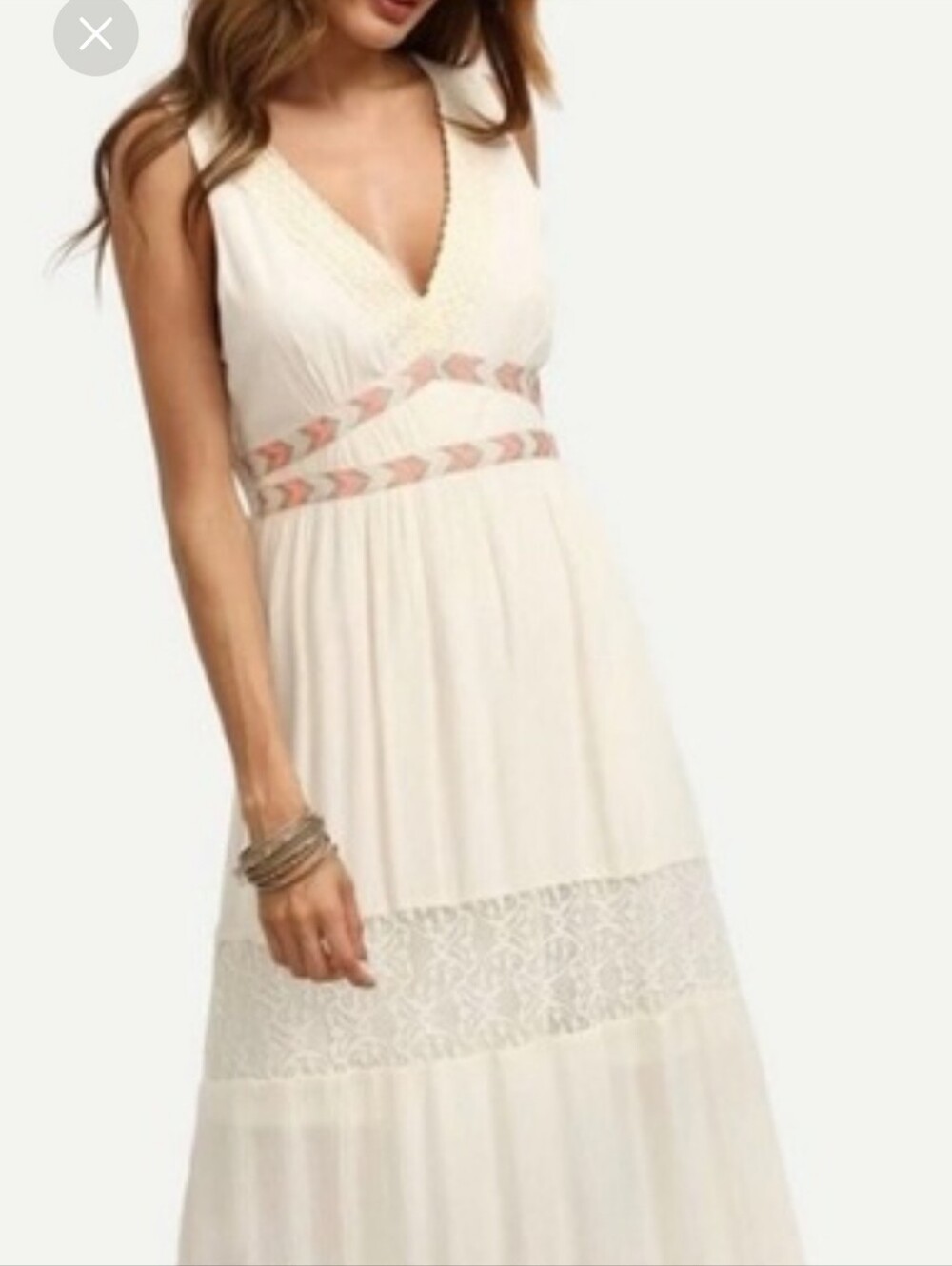 Flying Tomato Cream Lace-Panel V-Neck Maxi Dress